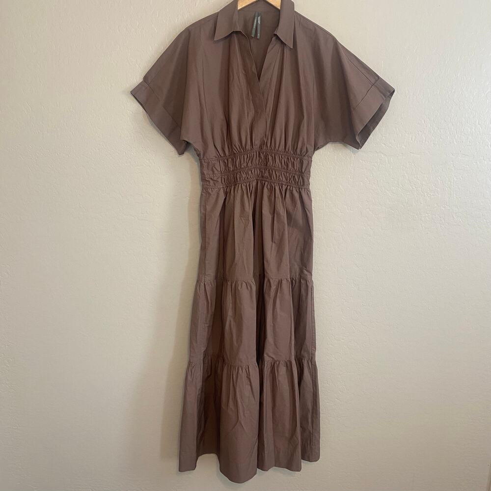 Anthropologie Mauve-Brown Tiered Maxi Dress with Shirred Waist